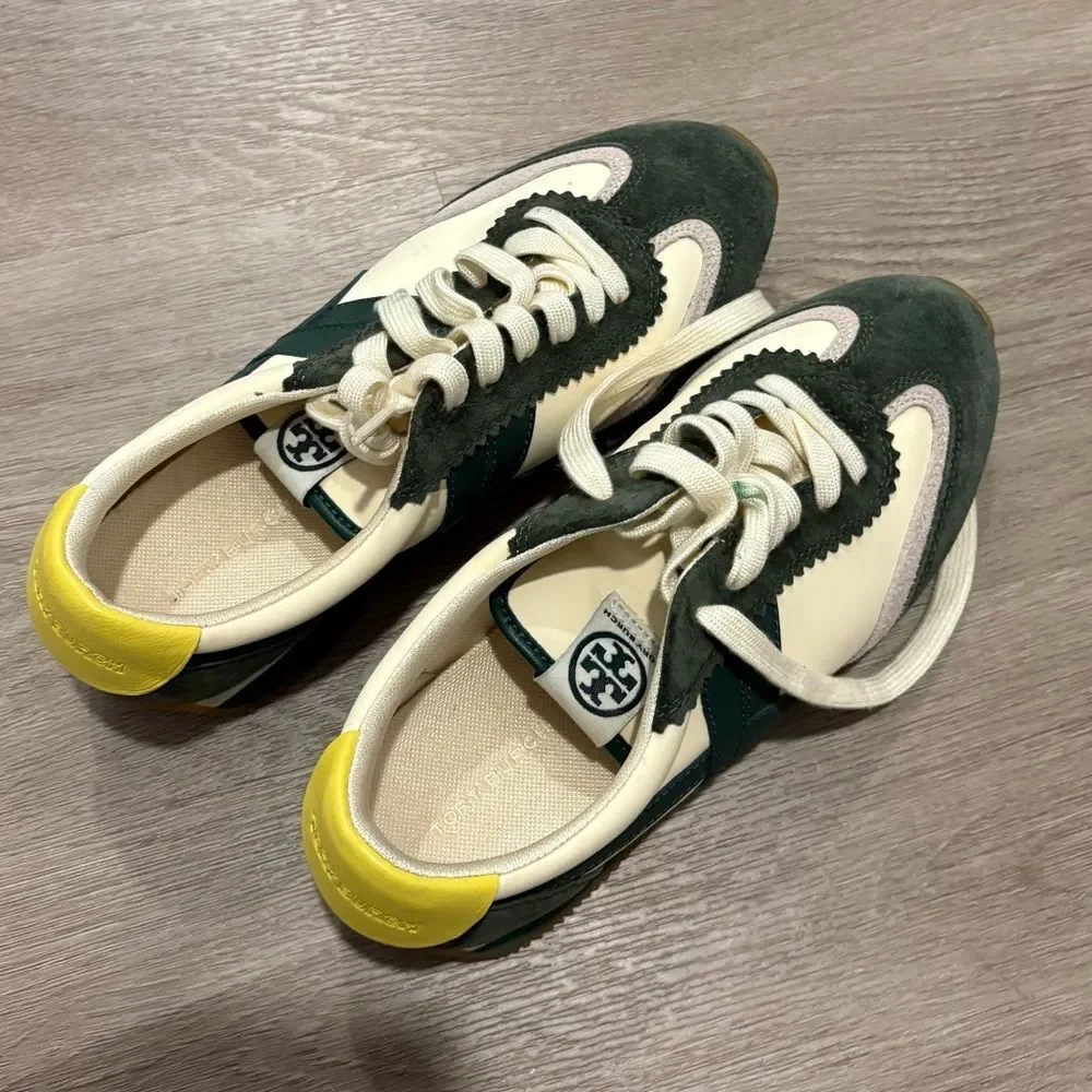 Tory Burch Green and Cream Retro Sneakers with Suede and Mesh